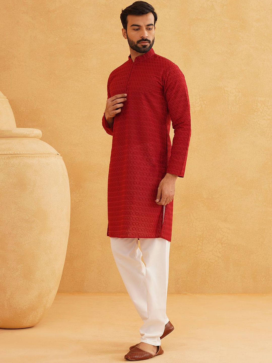 SOJANYA Geometric Embroidered Regular Pure Cotton Straight Kurta With Churidar