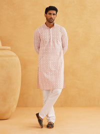 SOJANYA Ethnic Motif Embroidered Band Collar Thread Work Pure Cotton Kurta with Churidar