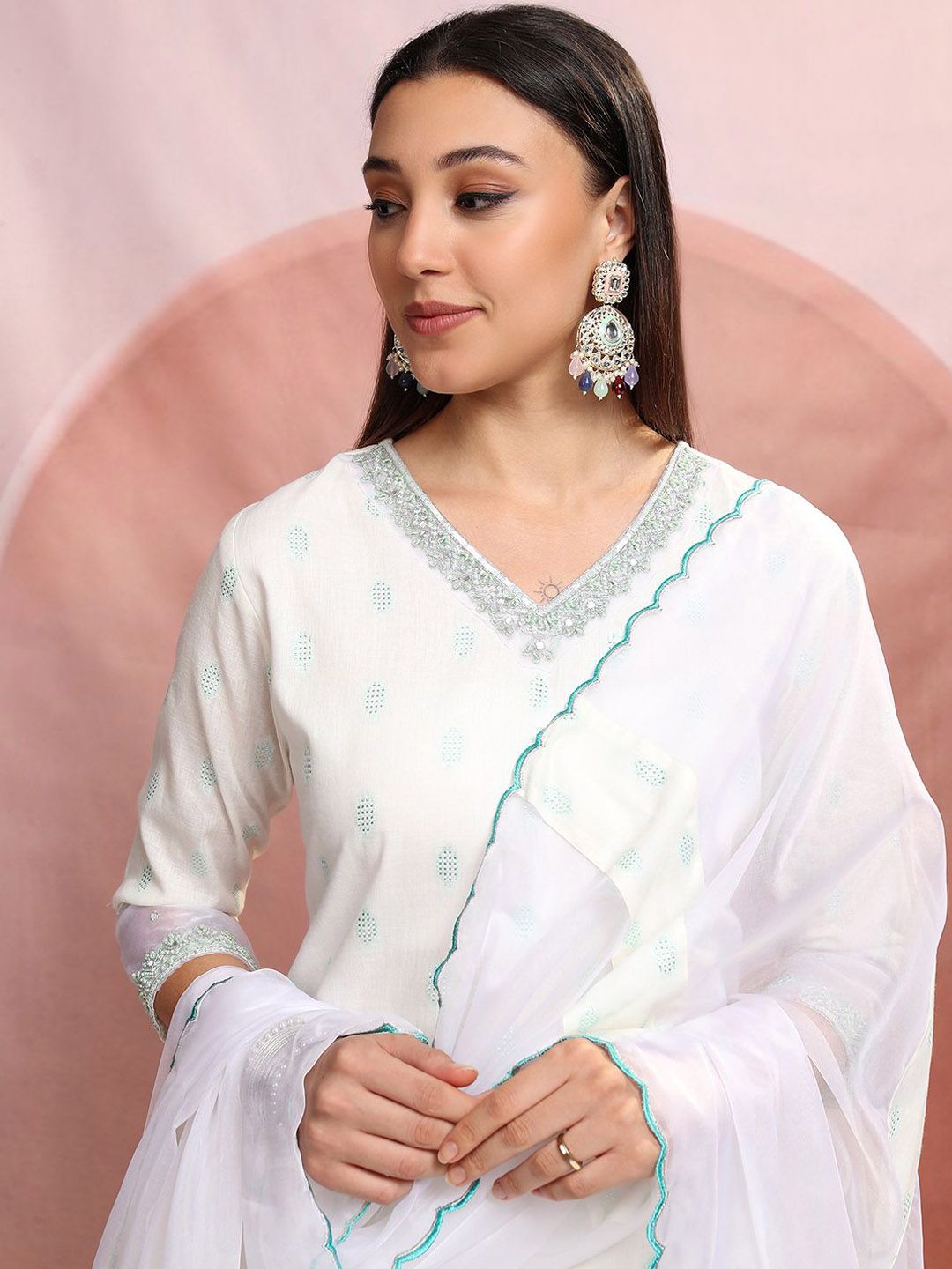 Vishudh White Ethnic Motifs Printed Pure Cotton Straight Kurta & Trousers With Dupatta