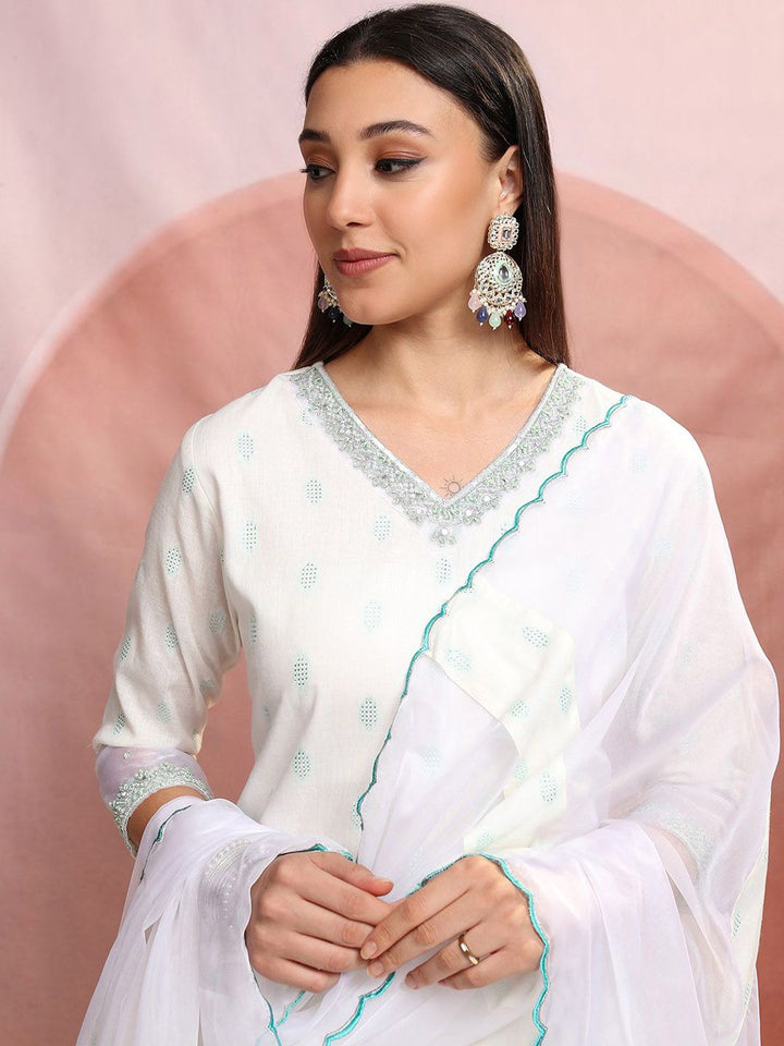 Vishudh White Ethnic Motifs Printed Pure Cotton Straight Kurta & Trousers With Dupatta