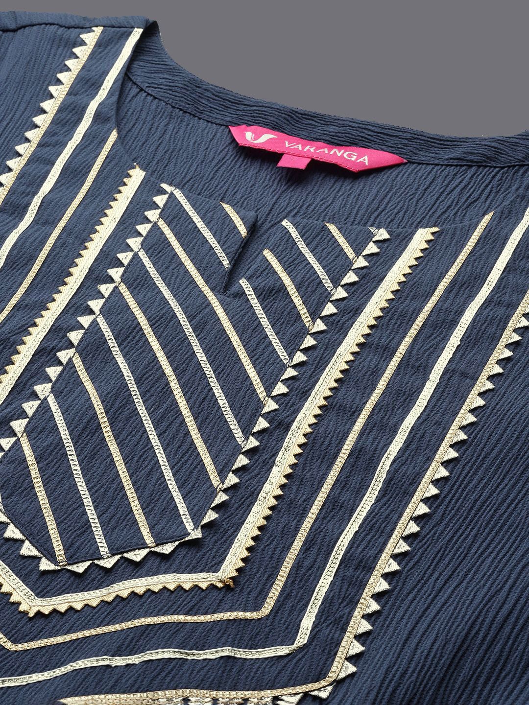 Varanga Navy Blue Notch Neck Gotta Patti A-Line Kurta