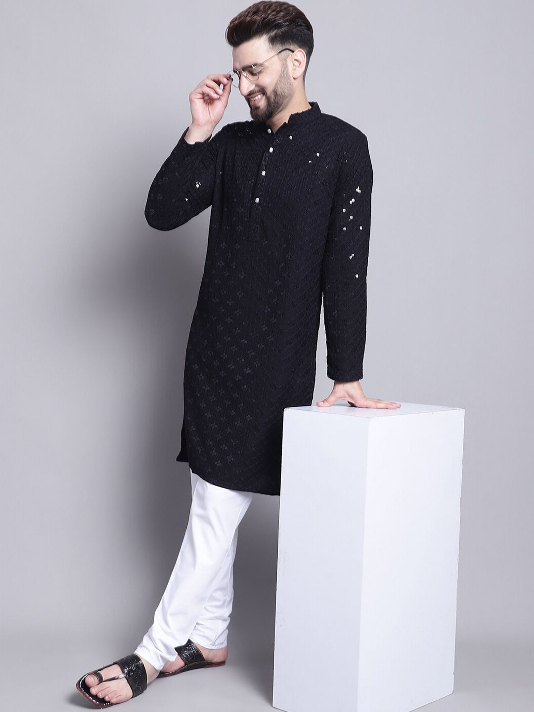 SOJANYA Embellished Mandarin Collar Sequinned Pure Cotton Kurta