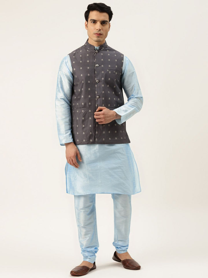 SOJANYA Kurta Lelaki Biru & Kelabu Arang dengan Jaket Churidar Dan Nehru