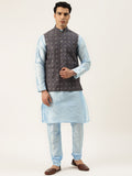 SOJANYA Men Blue & Charcoal Grey Kurta with Churidar And Nehru Jacket