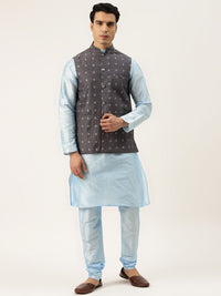 SOJANYA Men Blue & Charcoal Grey Kurta with Churidar And Nehru Jacket