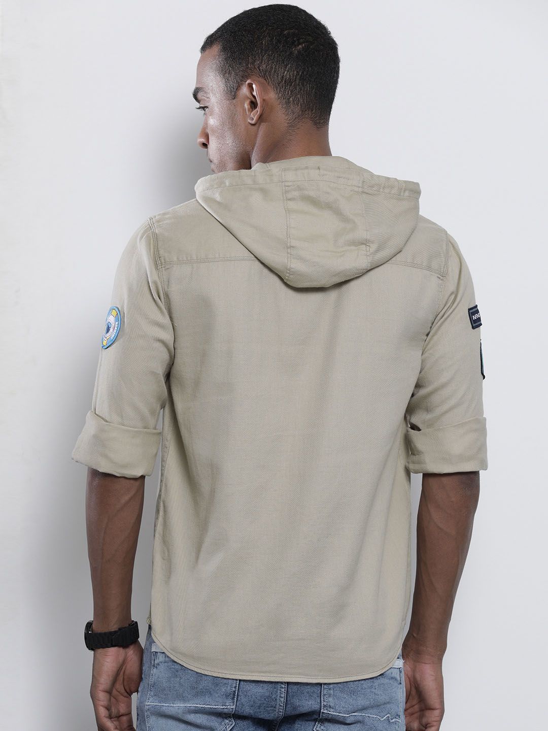 The Indian Garage Co Men Khaki Solid Hooded Slim Fit Casual Shirt
