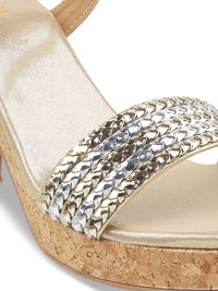 Mochi Gold-Toned Woven Design Block Heels