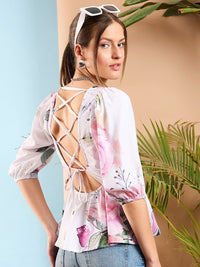 SASSAFRAS Floral Print Puff Sleeves Criss Cross Back Peplum Top
