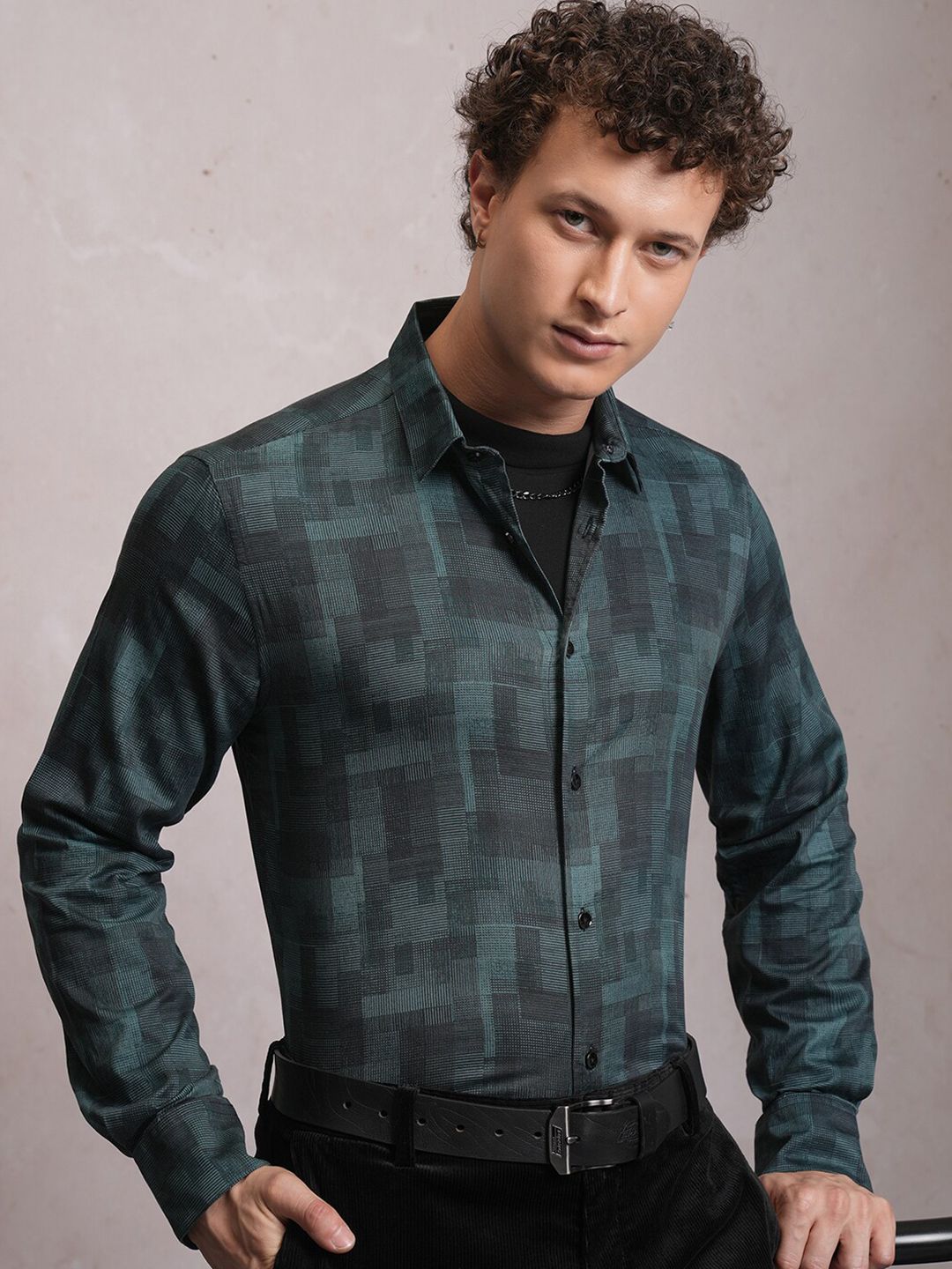 LOCOMOTIVE Luxe Slim Fit Geometric Printed Satin Party Shirt