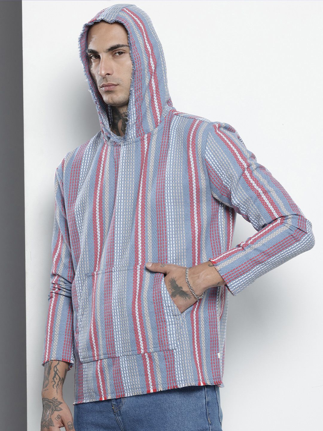 The Indian Garage Co Self Striped Hooded Pure Cotton Sweatshirt