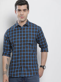 The Indian Garage Co Men Blue Checked Pure Cotton Casual Shirt