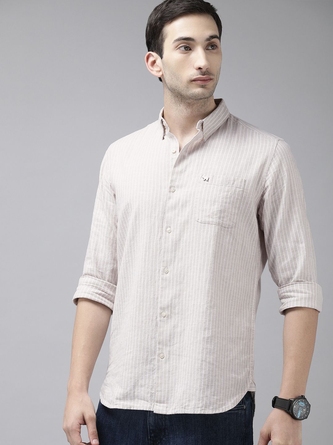 THE BEAR HOUSE Men Slim Fit Striped Cotton-Linen Casual Shirt