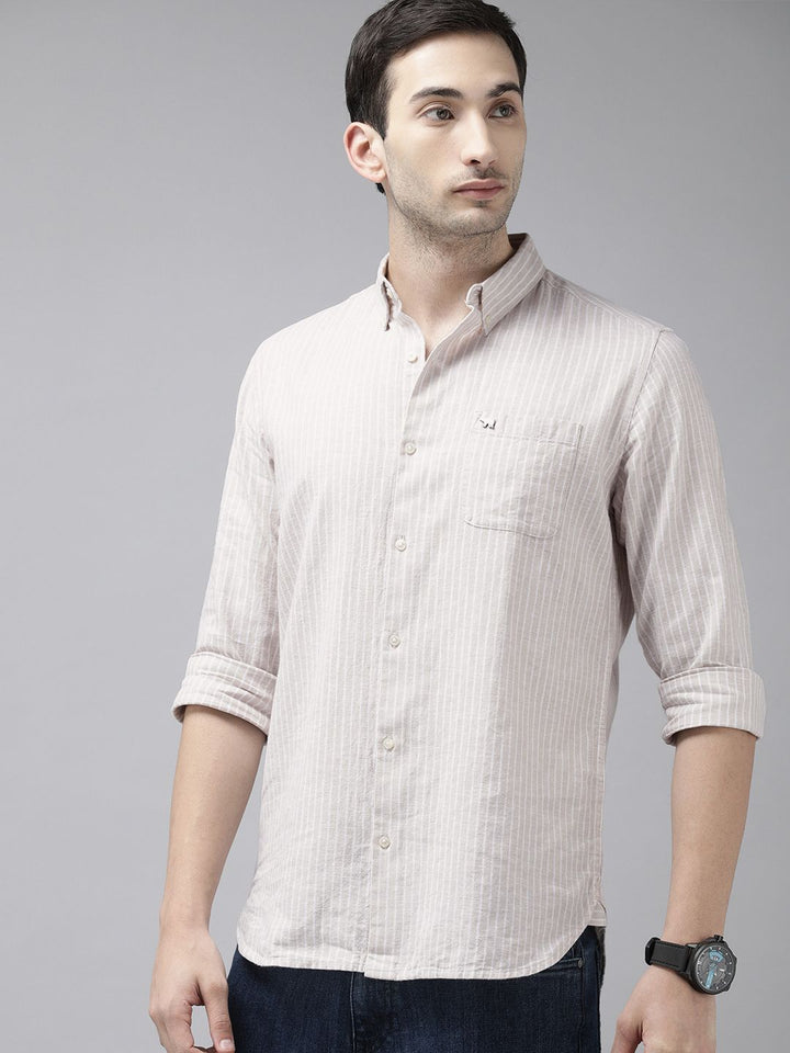 THE BEAR HOUSE Men Slim Fit Striped Cotton-Linen Casual Shirt