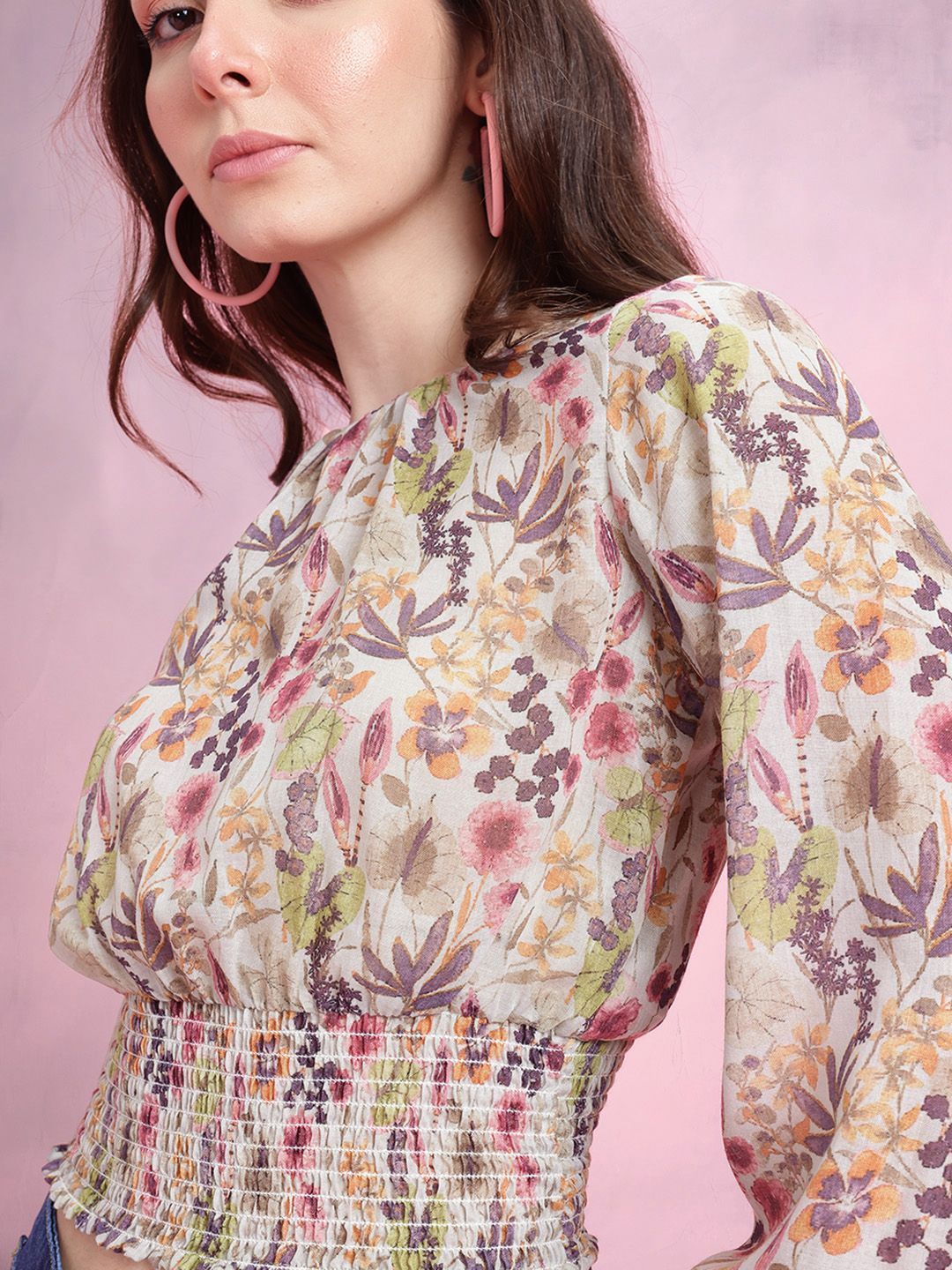 DressBerry Floral Print Cuffed Sleeves Smocked Detail
