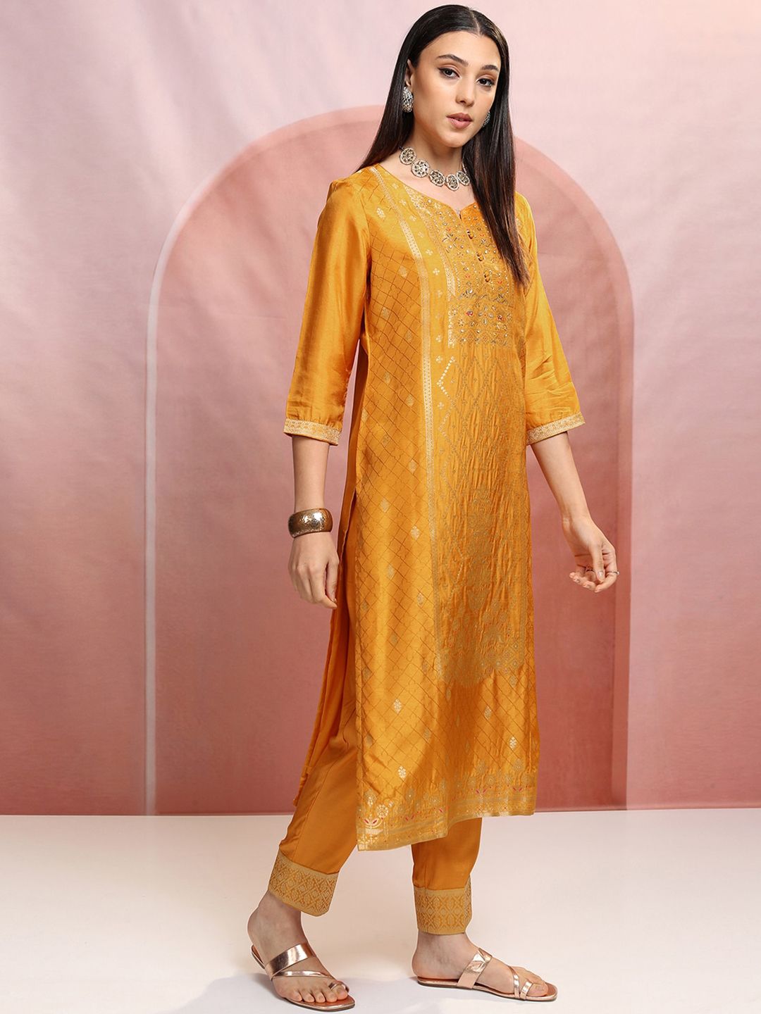 Vishudh Mustard Yellow Ethnic Motifs Embroidered Straight Kurta & Trousers With Dupatta