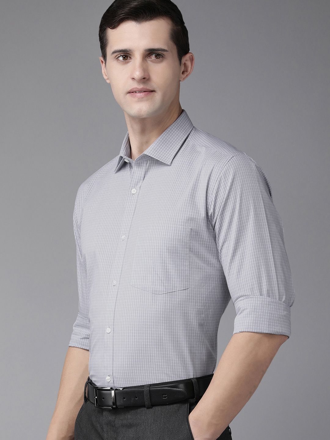 Park Avenue Men Grey Slim Fit Checked Pure Cotton Formal Shirt