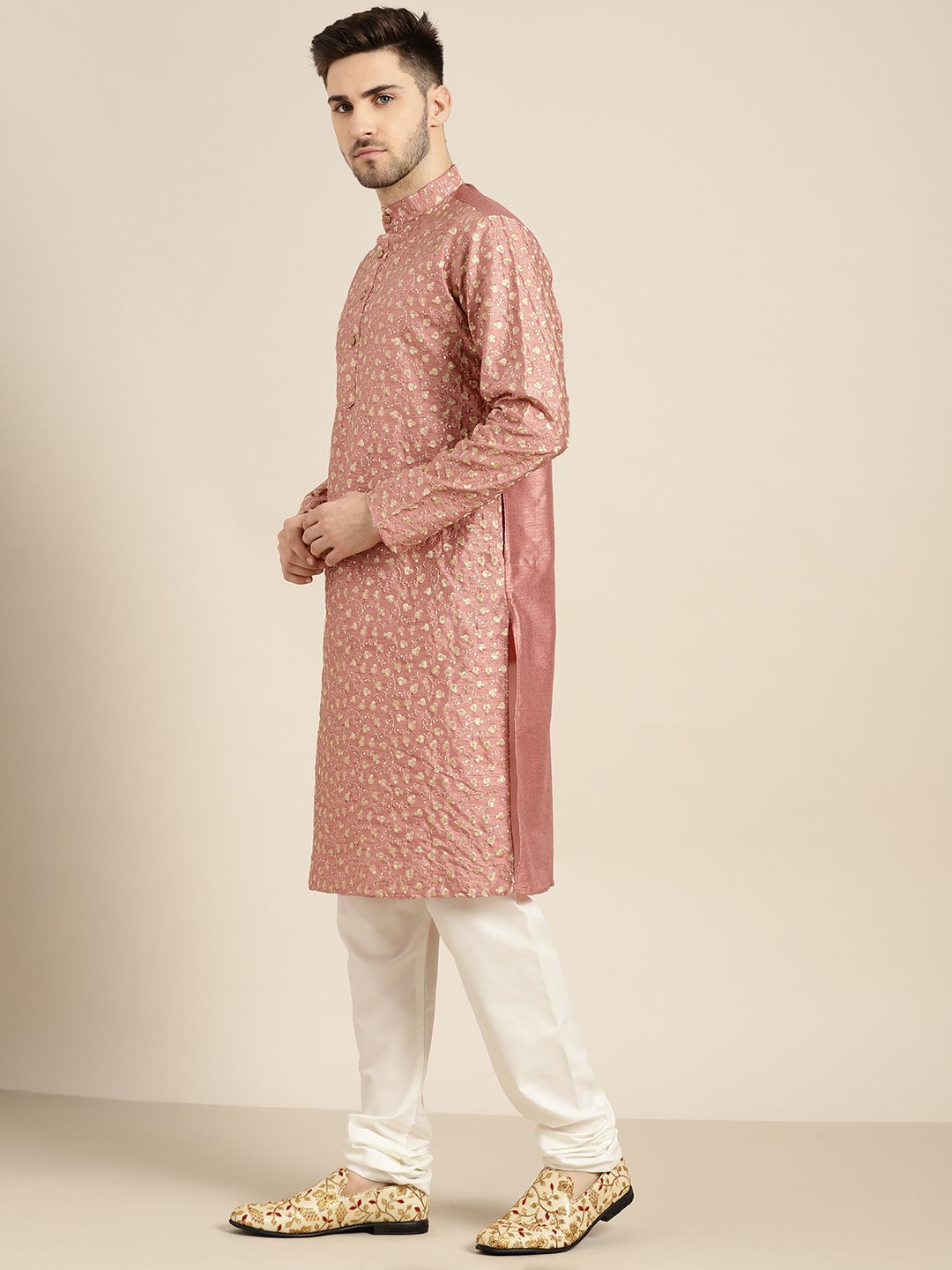 SOJANYA Lelaki Coral & Gold-Toned Floral Kurta