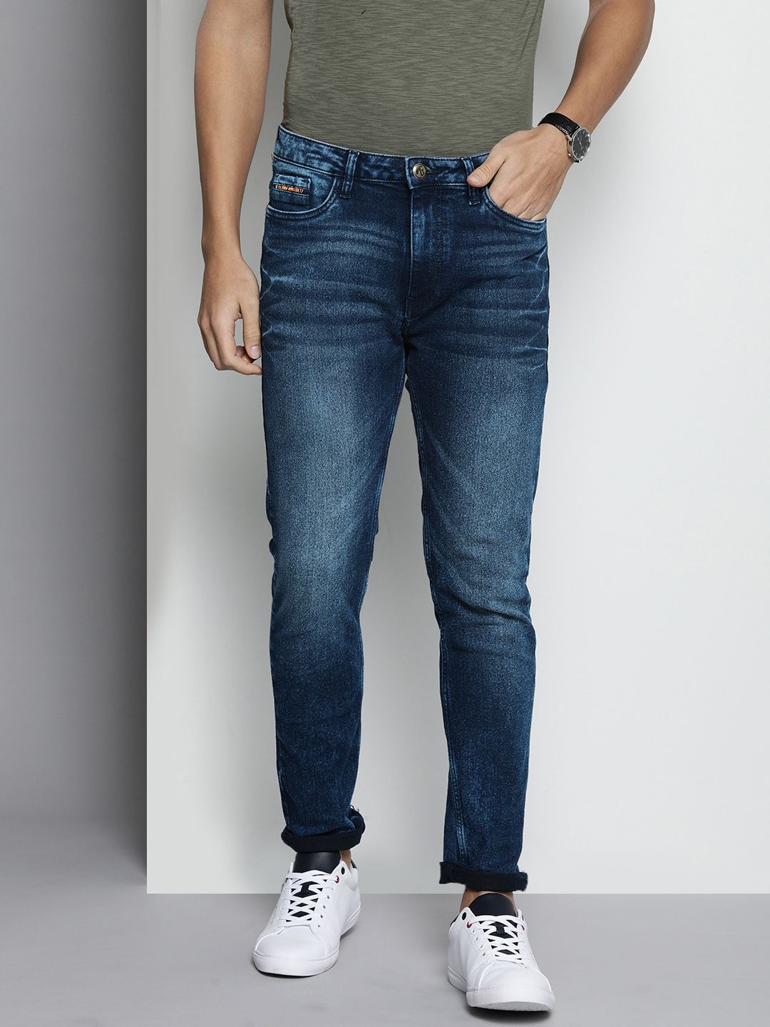 The Indian Garage Co Men Navy Blue Slim Fit Heavy Fade Stretchable Jeans