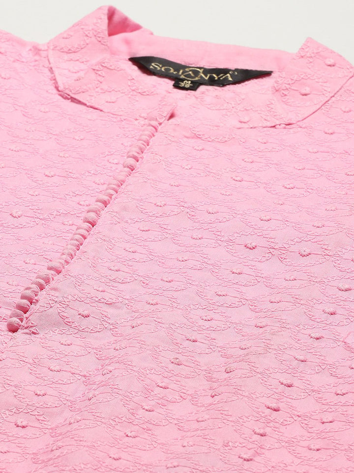 SOJANYA Men Pink Chikankari Pure Cotton Kurta with Churidar & Nehru Jacket