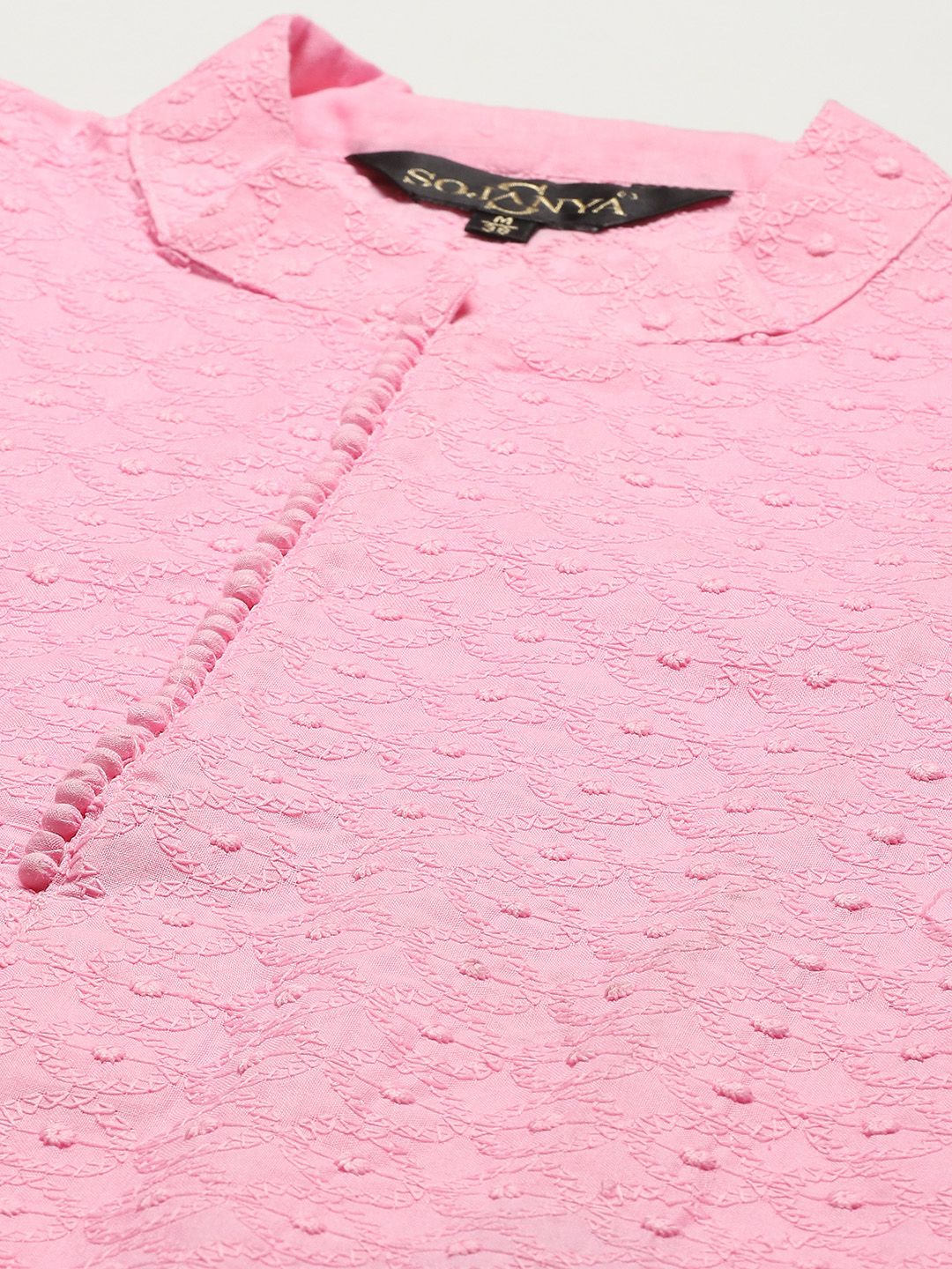 SOJANYA Men Pink Chikankari Pure Cotton Kurta with Churidar & Nehru Jacket