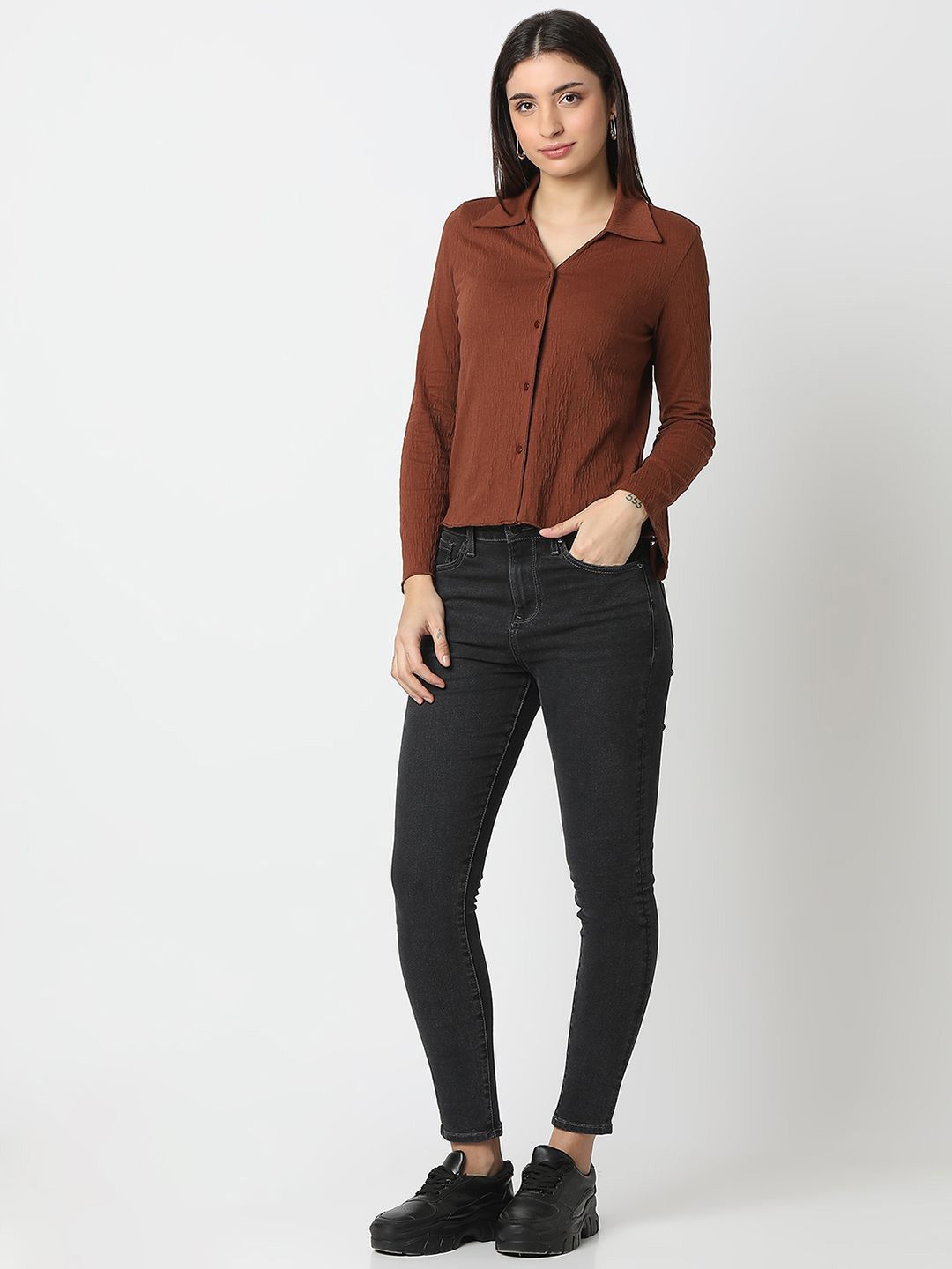 SPYKAR Women Slim Fit Spread Collar Textured Casual Shirt