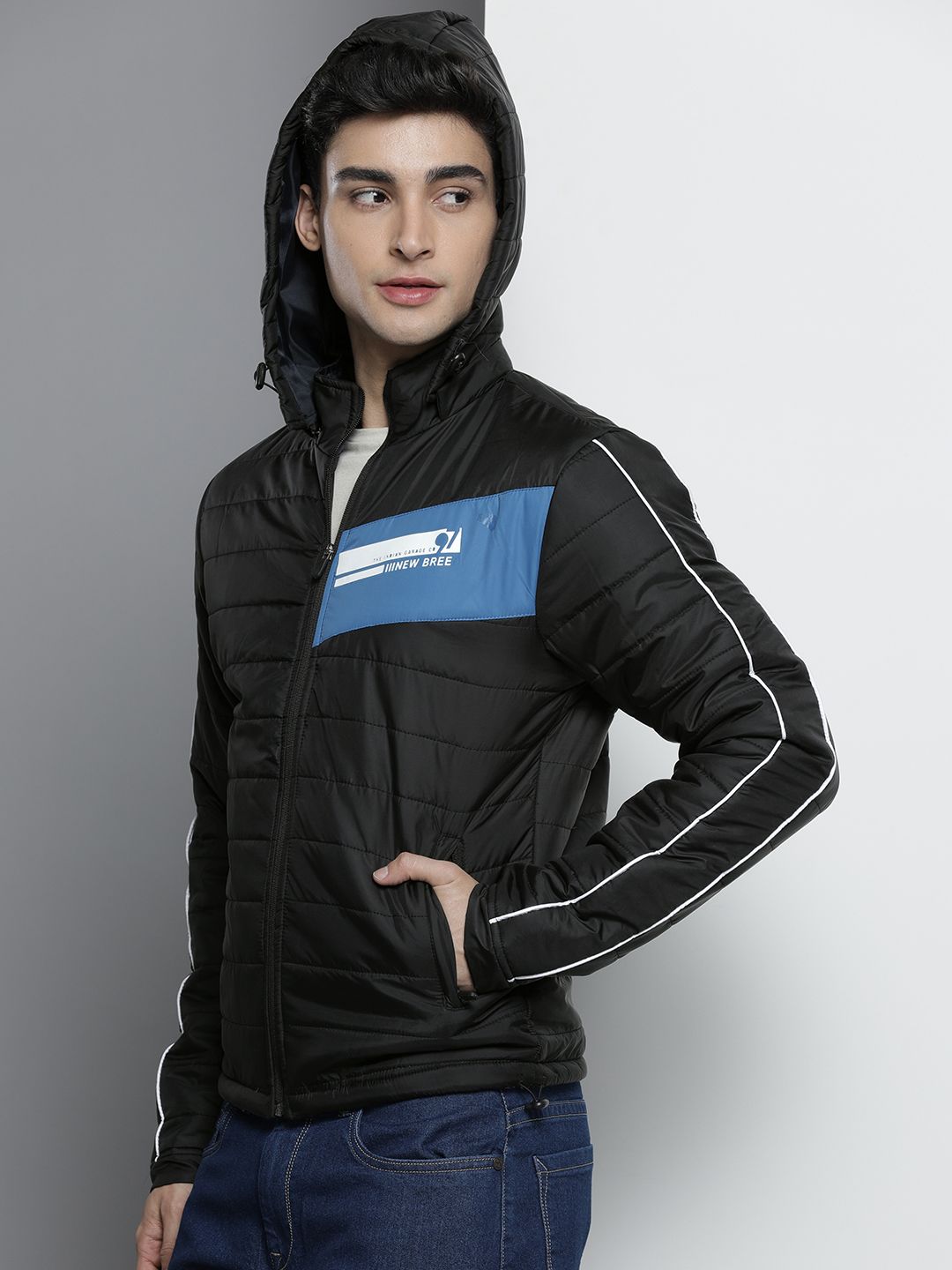 The Indian Garage Co Men Slim Fit Zip-Front Puffer Jacket with Detachable Hood