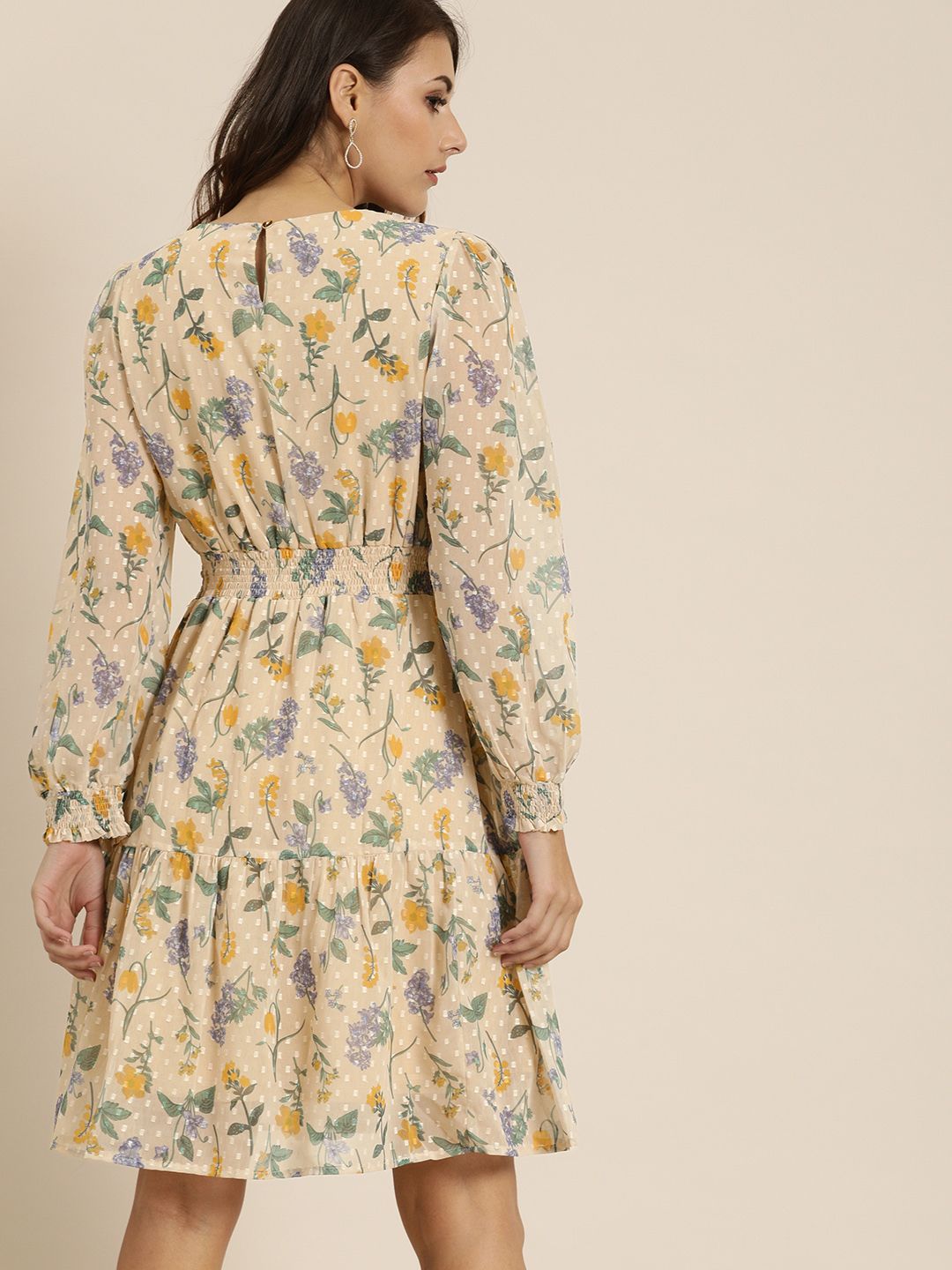 all about you Classy Beige Floral Printed Pure Cotton Waisted Dress
