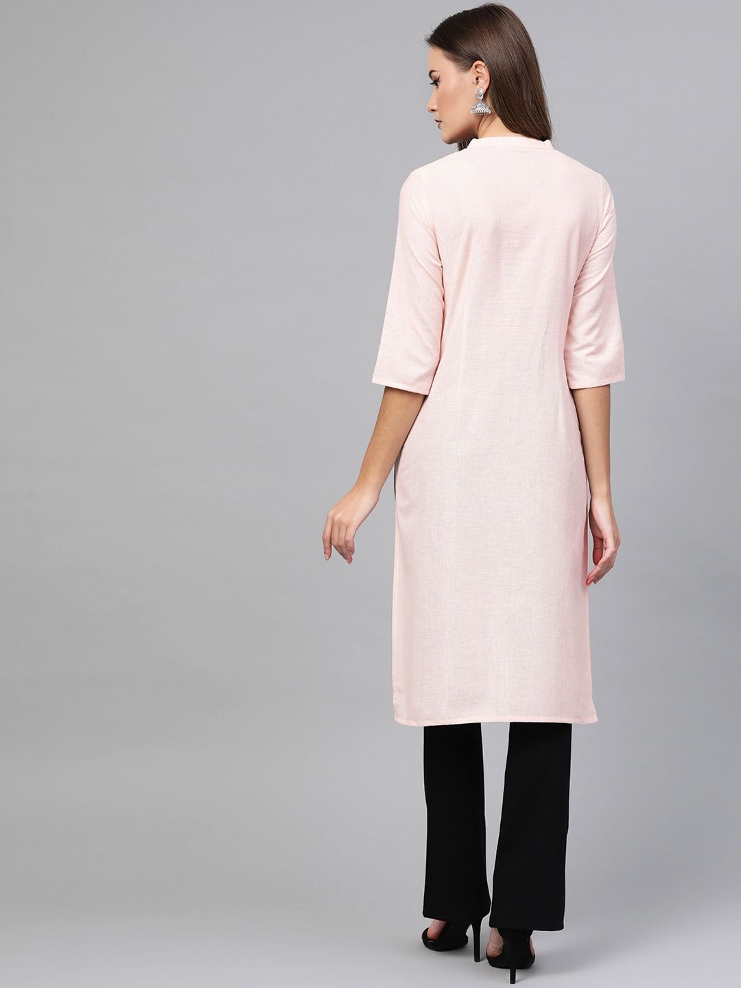 W Women Pink & Silver Striped Straight Kurta