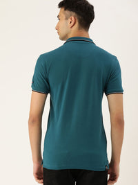 Being Human Clothing Men Teal Blue Solid Polo Collar Pure Cotton T-shirt with Tipping Detail
