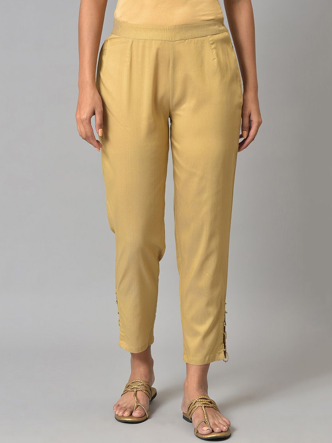W Women Gold-Toned Slim Fit Solid Trousers