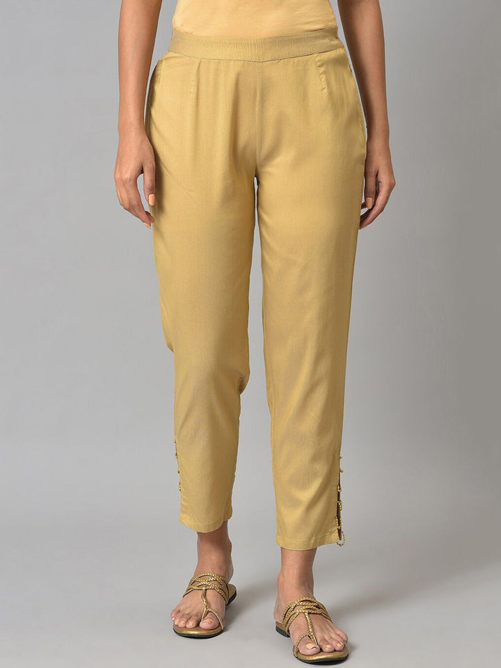 W Women Gold-Toned Slim Fit Solid Trousers