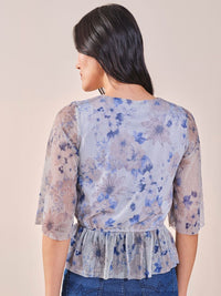 AND polyester floral print v- neck flared sleeves peplum top