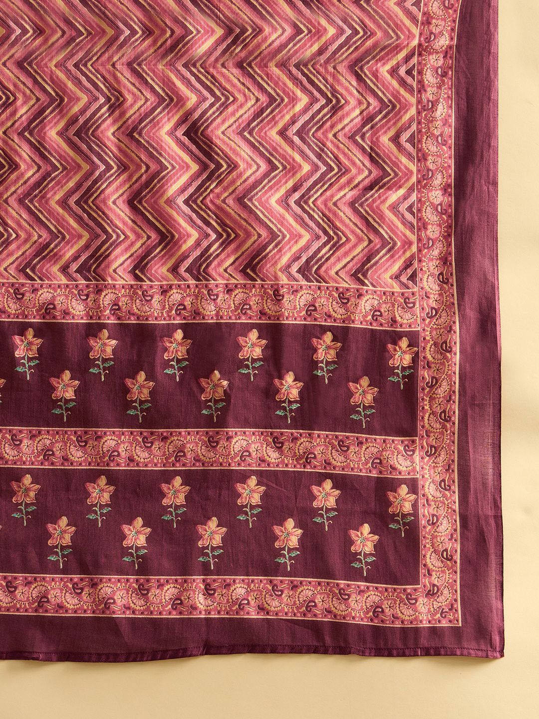 Indo Era Purple Floral Printed V-Neck Pure Cotton Straight Kurta with Trousers & Dupatta