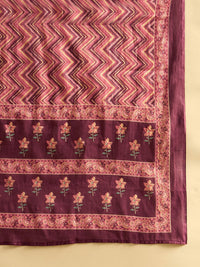 Indo Era Purple Floral Printed V-Neck Pure Cotton Straight Kurta with Trousers & Dupatta