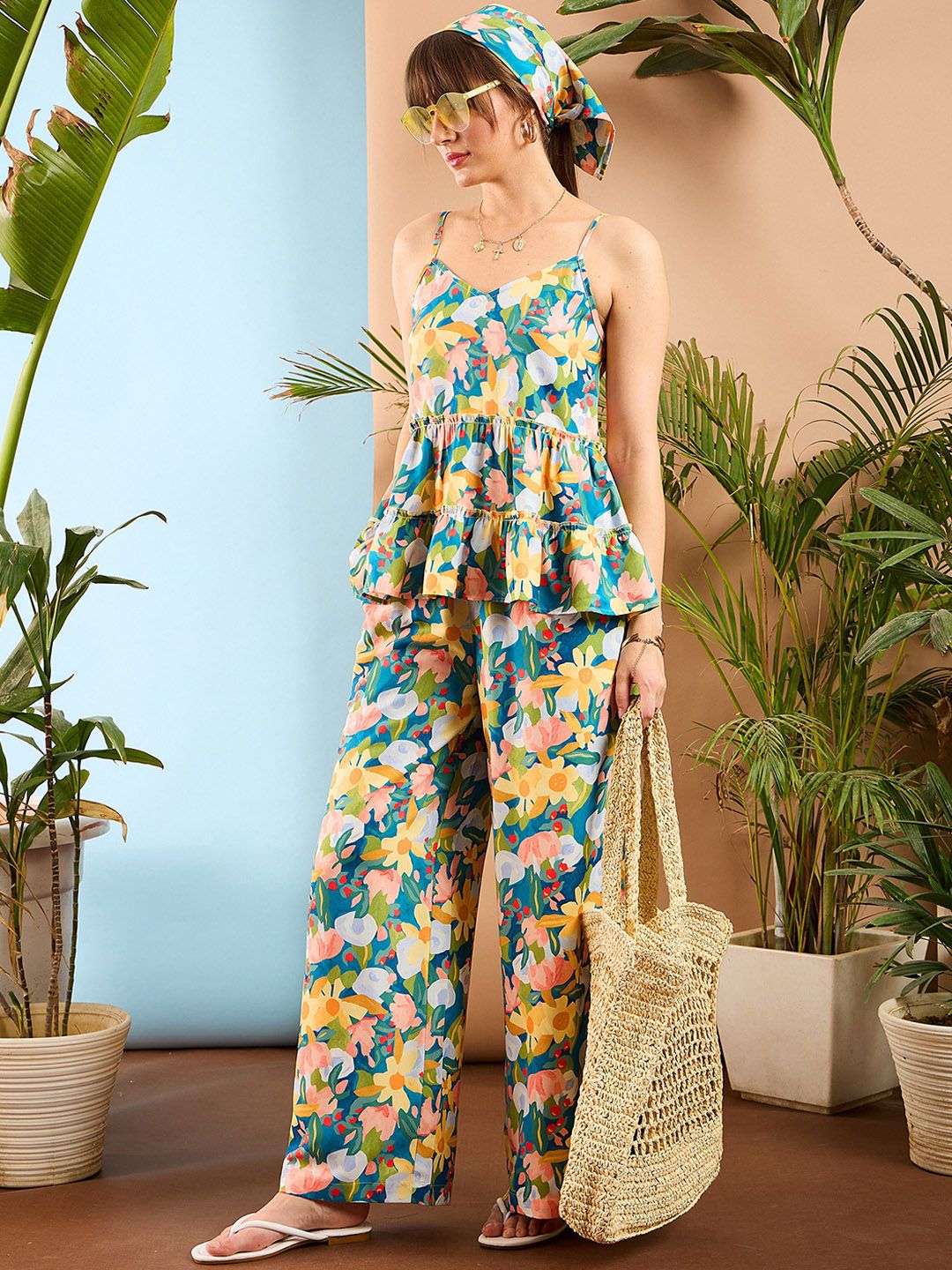 SASSAFRAS Floral Printed V Neck Top & Flared Trousers