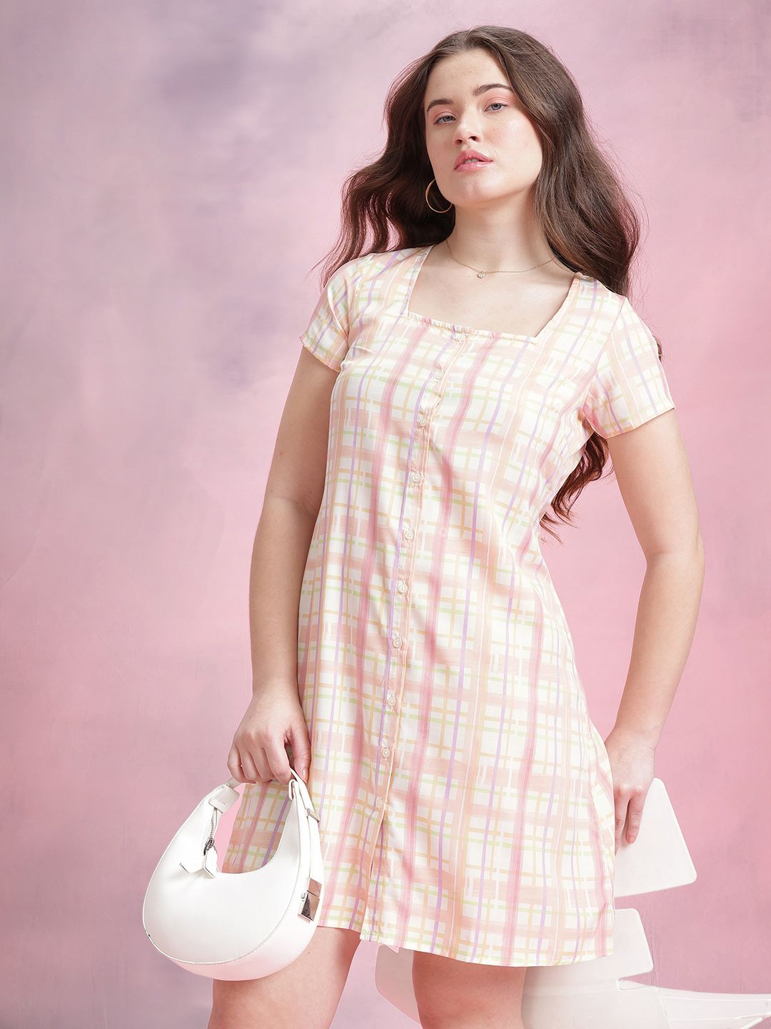 DressBerry Checked Tie-Up Neck Shirt Dress