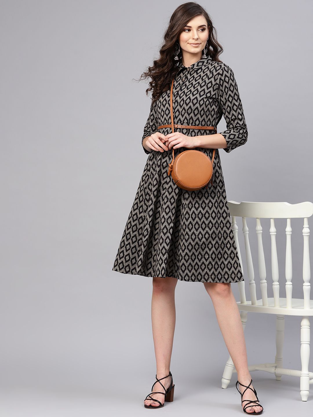 SASSAFRAS Black & Beige Ikat Print Cotton Shirt Dress