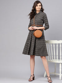 SASSAFRAS Black & Beige Ikat Print Cotton Shirt Dress