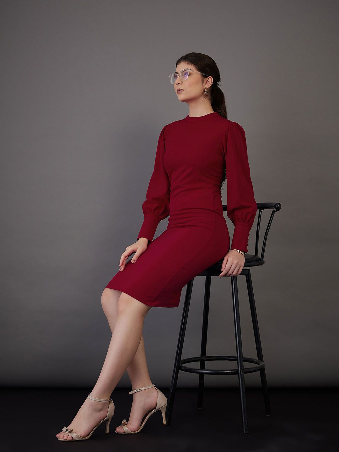 SASSAFRAS worklyf High Neck Puff Sleeves Formal Sheath Dress
