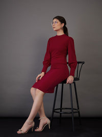 SASSAFRAS worklyf High Neck Puff Sleeves Formal Sheath Dress
