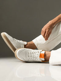 RARE RABBIT Men Neva White Lace-Ups Round Toe Leather Sneakers