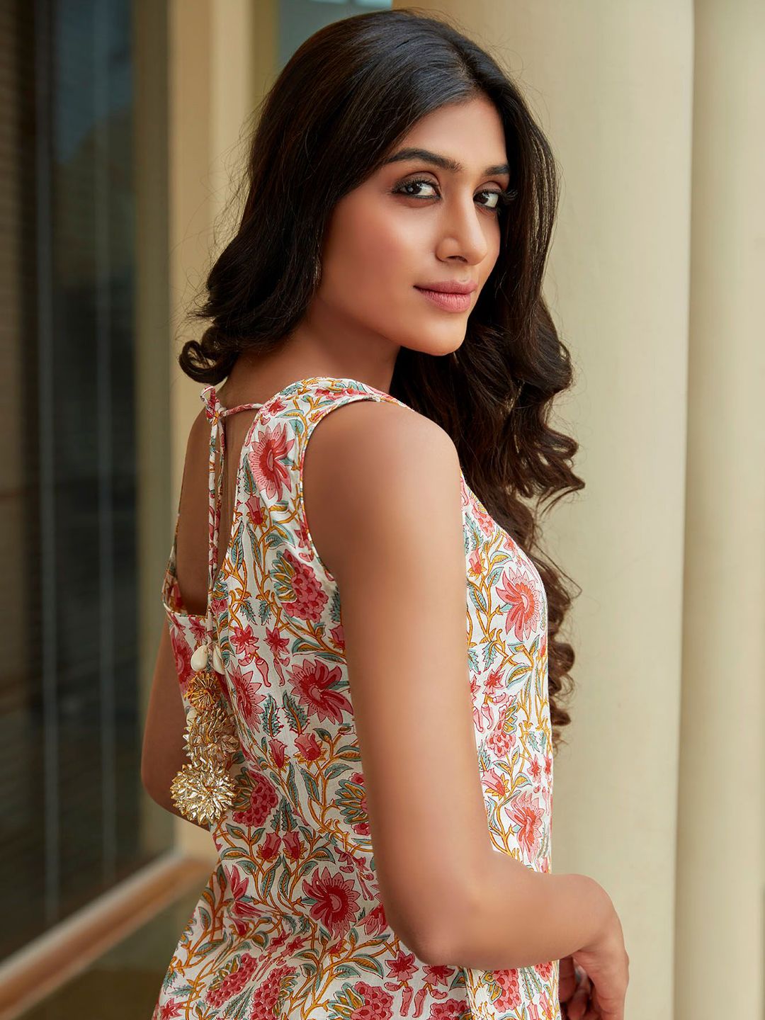KALINI Floral Printed Sleeveless Gotta Patti Pure Cotton Straight Kurta With Sharara