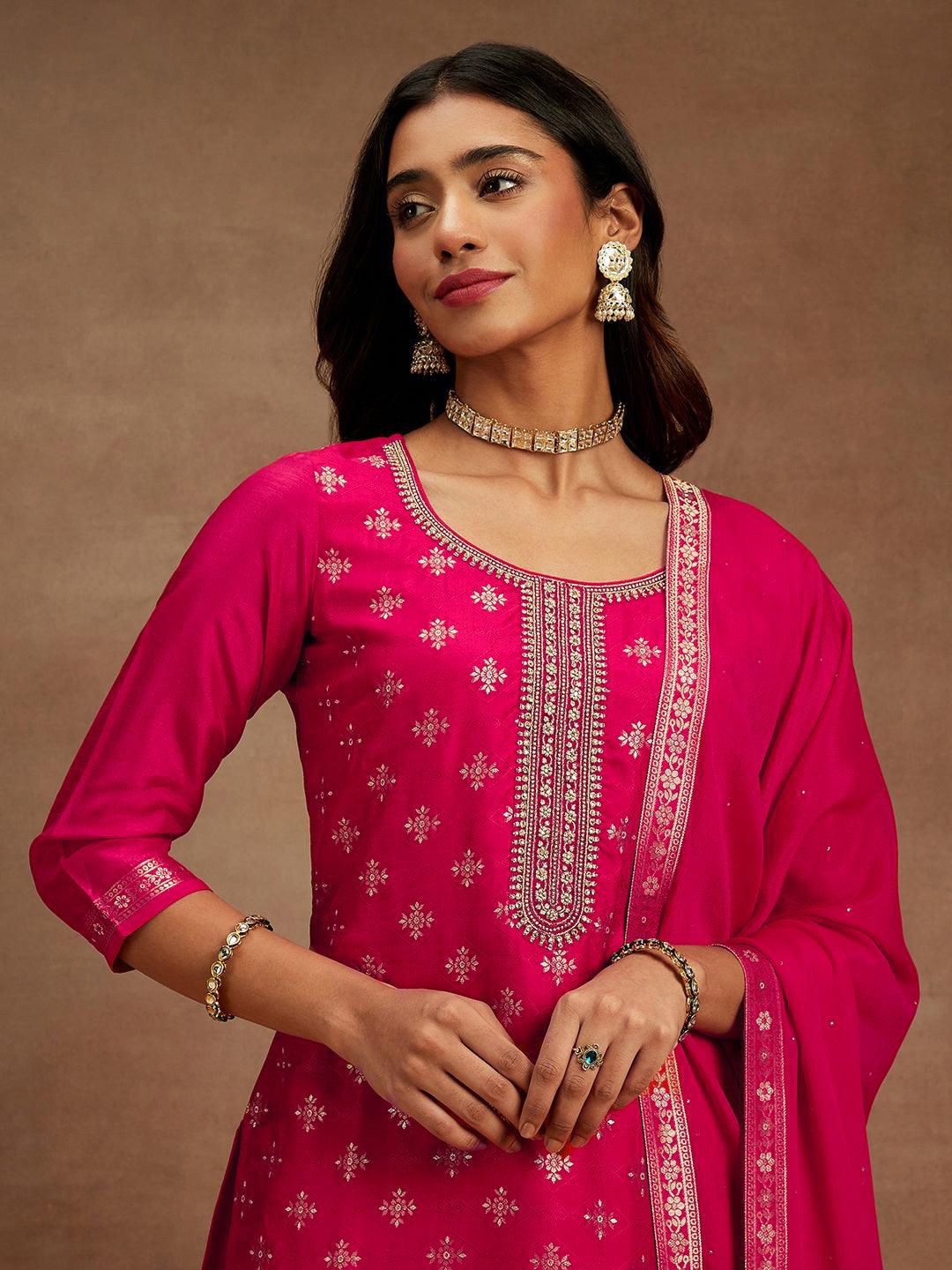 Libas Floral Woven Design Beads & Stones Kurta with Trousers & Dupatta