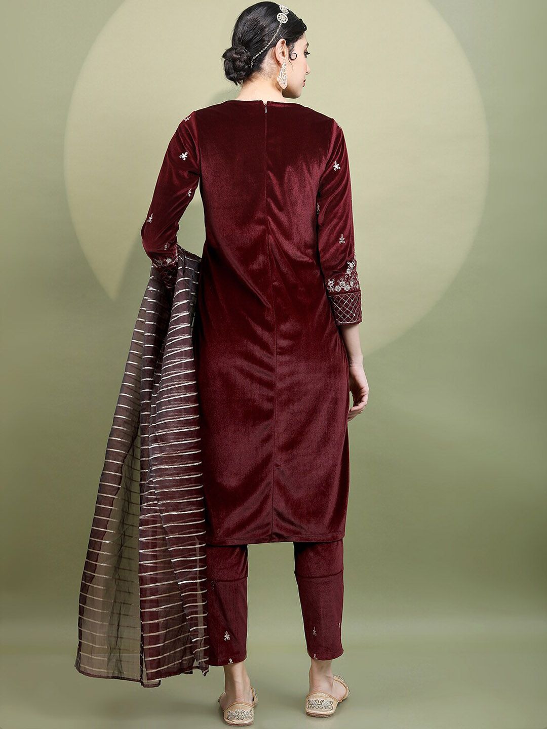 Vishudh Women Maroon Embroidered Knited Velvet Kurta & Trousers with Dupatta