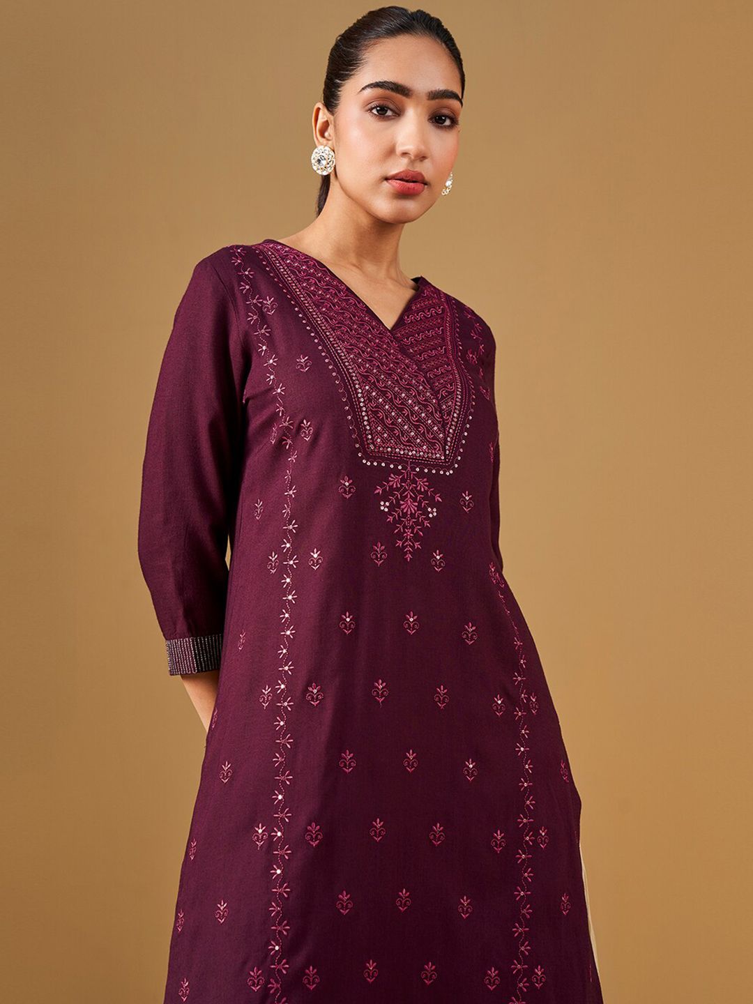 Global Desi Ethnic Motifs Printed V-Neck A-Line Kurta