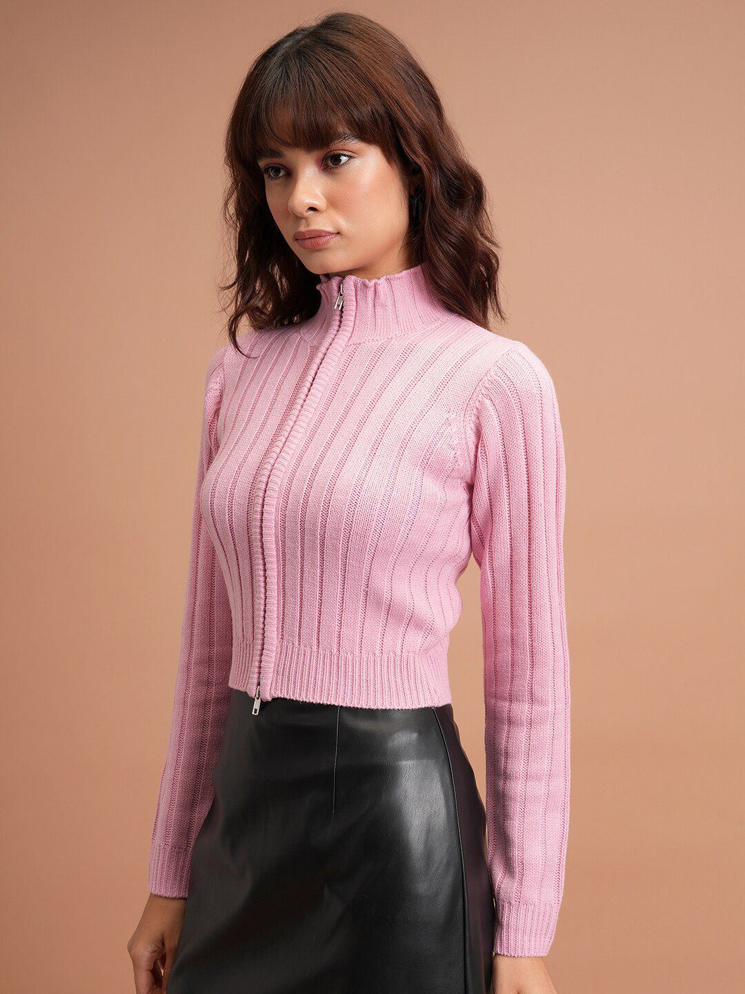 Tokyo Talkies Mock Collar Crop Acrylic Front-Open Sweaters