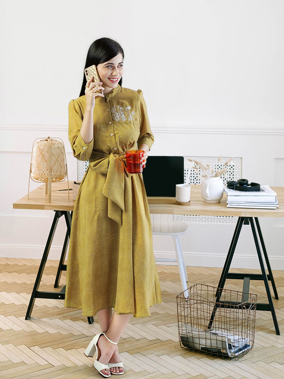 W Women Mustard Waist Belted A-Line Midi Dress