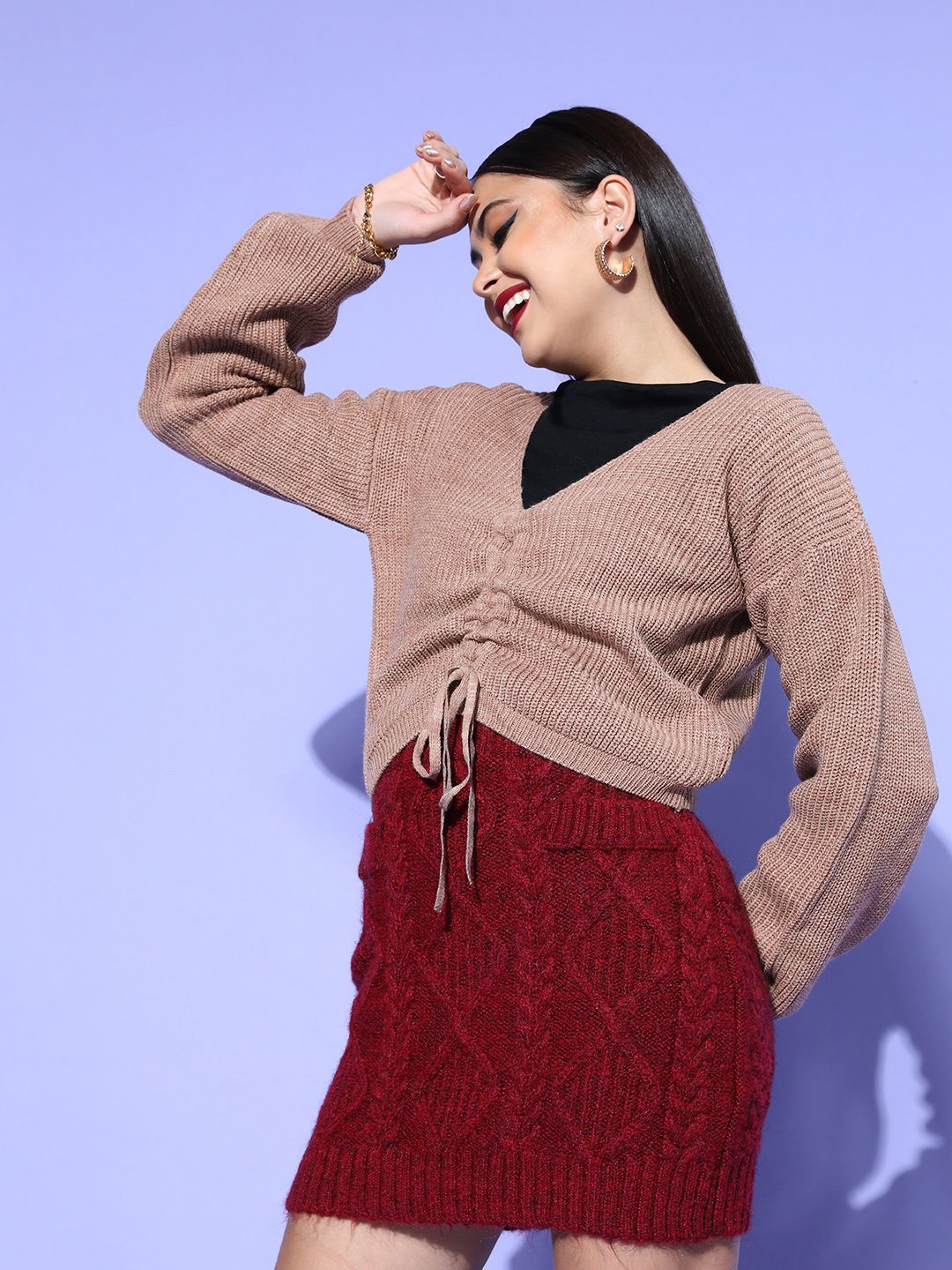 Berrylush Women Peach Solid Knits Bits Sweater