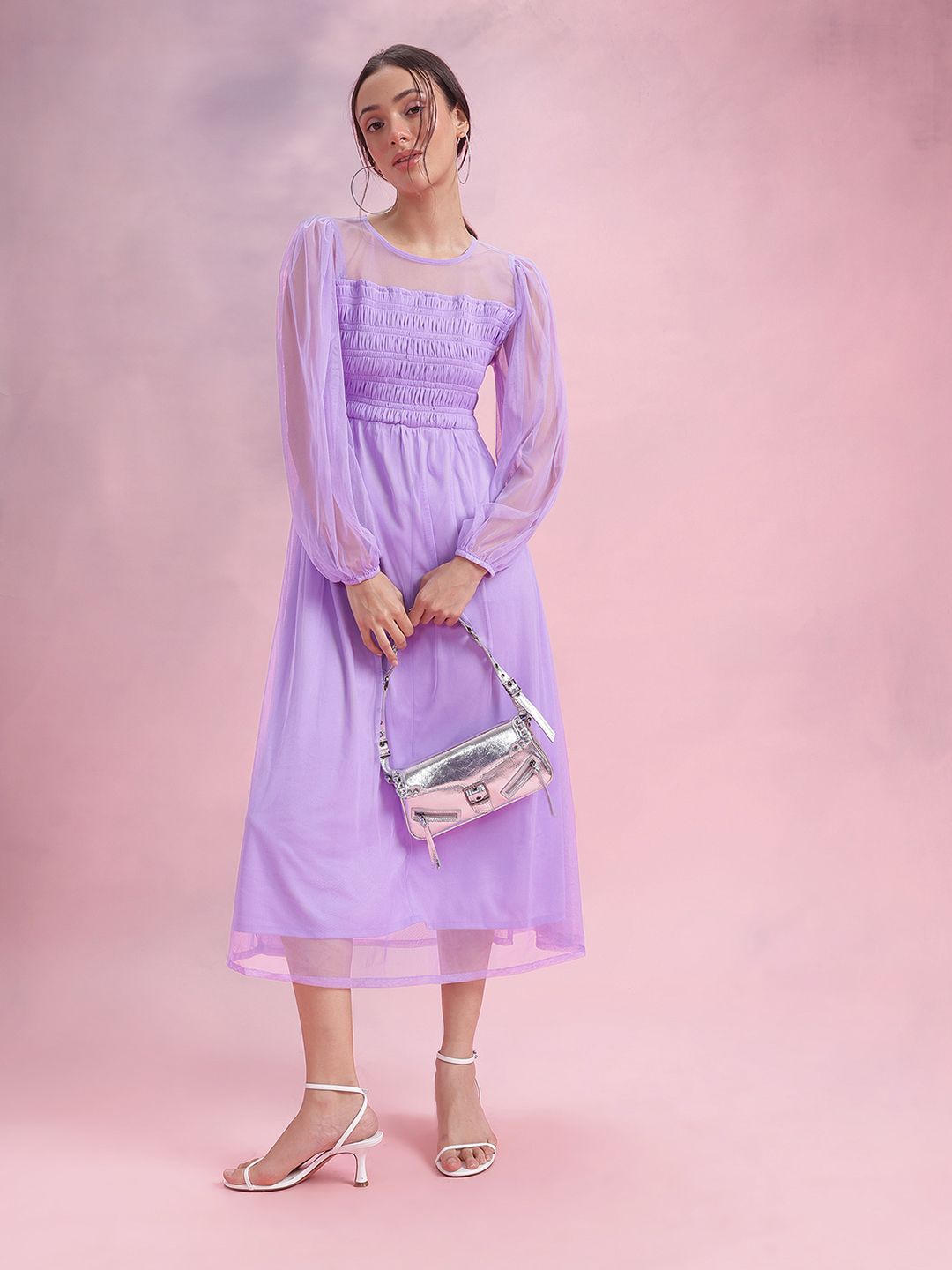 DressBerry Puff Sleeve Net Fit & Flare Midi Dress