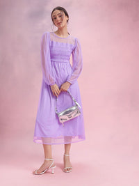 DressBerry Puff Sleeve Net Fit & Flare Midi Dress